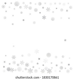 Fondo de nieve de Navidad plateado. Los copos de nieve de invierno presentan una sutil decoración de marco en blanco, tarjeta de saludo. Fondo sutil de las vacaciones de Año Nuevo. Ilustración de Noel Vector