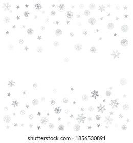 Silver Christmas snow background. Winter snowflakes subtle frame decoration on white, greeting card. New Year Holidays subtle backdrop. Noel Vector illustration
