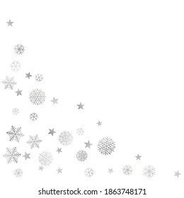 Silver Christmas snow background. Winter snowflakes subtle frame decoration on white, greeting card. New Year Holidays subtle backdrop. Noel Vector illustration