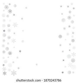 Silberner Weihnachtsschneehintergrund. Winterschneeflocken, subtile Rahmendekoration auf Weiß, Grußkarte. Neujahr Feiertage subtile Hintergrund. Noel-Vektorgrafik