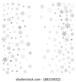 Silver Christmas snow background. Winter snowflakes subtle frame decoration on white, greeting card. New Year Holidays subtle backdrop. Noel Vector illustration