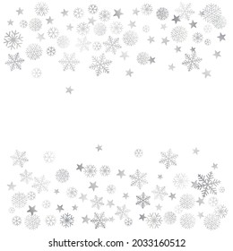Silver Christmas snow background. Winter snowflakes subtle frame decoration on white. Noel Vector illustration