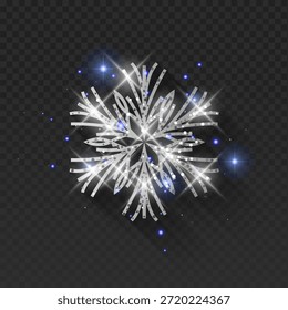Silber Weihnachten Schneeflocke Vektorgrafik mit einer glitzernden Glitzer Textur. Mit hellen Linsenfackeln, leuchtenden Lichteffekten und blau schimmernden Partikeln. Elegantes Winterferienelement einzeln auf dunklem, transparentem Hintergrund, perfekt für luxuriöse Grußkarten, Neujahrsdekorationen und festliches Grafikdesign