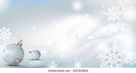 La Navidad plateada copos de nieve con olas y pelotas de Navidad. Para banner, volante, afiche, portada, plantilla. Ilustración vectorial. EPS10.