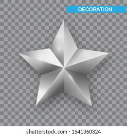 Silver Christmas Star isolated on white Background. Christmas decoration of Silver metallic color. Shiny Silver Star.