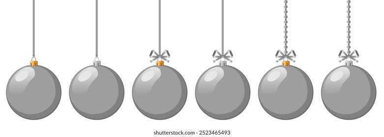 Silver Christmas tree balls isolated on white. Silver ribbons, bows and beads.