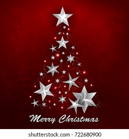 Silver Christmas Tree Composed of Metal Stars on Red Background. Vector Illustration