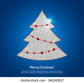 Silver Christmas tree with fairy lights and reflection on blue background, design greeting card. Realistic texture of silver. Merry Christmas template postcard. Vector illustration.