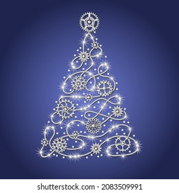 Silver christmas tree made of silver wire with silver gears, sparkles, little scattered stars on a blue background in steampunk style.