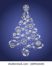 Silver christmas tree made of silver wire with silver gears, sparkles, little scattered stars on a blue background in steampunk style.