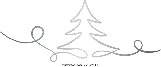 Silver Christmas tree ribbon swirl, pine illustration line art flourish, elegant decorative festive holiday clip art banner design isolated