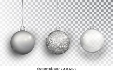 Silver Christmas tree toy set isolated on a transparent background. Stocking Christmas decorations. Vector object for christmas design, mockup. Vector realistic object Illustration 10 EPS