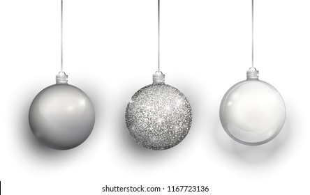 Silver Christmas tree toy set isolated on white background. Stocking Christmas decorations. Vector object for christmas design, mockup. Vector realistic object Illustration 10 EPS