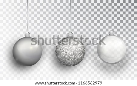 Silver Christmas tree toy set isolated on a transparent background. Stocking Christmas decorations. Vector object for christmas design, mockup. Vector realistic object Illustration 10 EPS