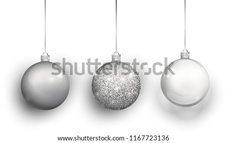 Silver Christmas tree toy set isolated on white background. Stocking Christmas decorations. Vector object for christmas design, mockup. Vector realistic object Illustration 10 EPS