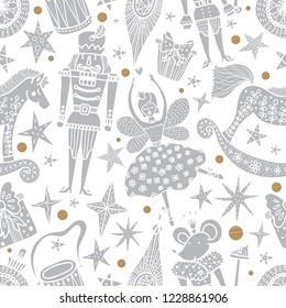 Silver Christmas vector seamless Nutcracker pattern.  Seamless pattern can be used for wallpaper, pattern fills, web page background, surface textures.