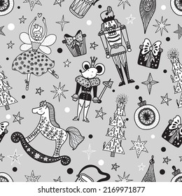Silver Christmas vector seamless Nutcracker pattern.  Seamless pattern can be used for wallpaper, pattern fills, web page background, surface textures.