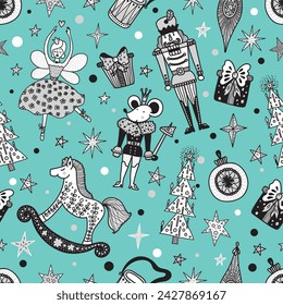 Silver Christmas vector seamless Nutcracker pattern.  Seamless pattern can be used for wallpaper, pattern fills, web page background, surface textures.