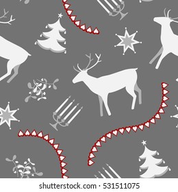 Silver Christmas Vector Seamless Pattern Background, Wallpaper with Reindeer, Christmas Tree, Mistletoe, Candle holder, Stars, Hearts