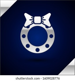 Silver Christmas wreath icon isolated on dark blue background. Merry Christmas and Happy New Year.  Vector Illustration
