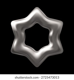 Estrella hexagonal de cromo plateado 3D, hueco en el centro, efecto holográfico, resplandor. Para marcos, decoración de estilo de los años 2000. Forma geométrica retro-futurista. Ilustración vectorial. Fondo negro aislado.