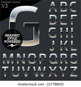 Silver Chrome And Aluminum Vector Alphabet Set. Compact Normal. File Contains Graphic Styles Available In  Illustrator