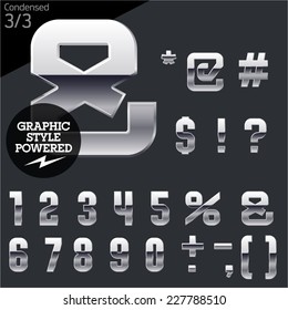 Silver chrome and aluminum vector alphabet set. Condensed. File contains graphic styles available in illustrator