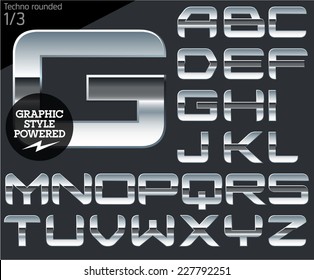 Juego de alfabetos plateado cromado y vectorial de aluminio. Techno redondeado. El archivo contiene estilos gráficos disponibles en Illustrator