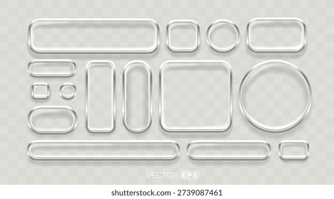 Silver chrome frames and glass buttons set, a collection of modern UI elements with a shiny metallic effect. Vector illustration.