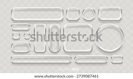 Silver chrome frames and glass buttons set, a collection of modern UI elements with a shiny metallic effect. Vector illustration.