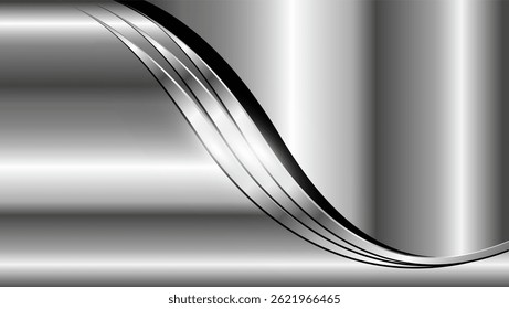 Zilver chromen metalen achtergrond met glanzende metallic golven, 3d vector illustratie.