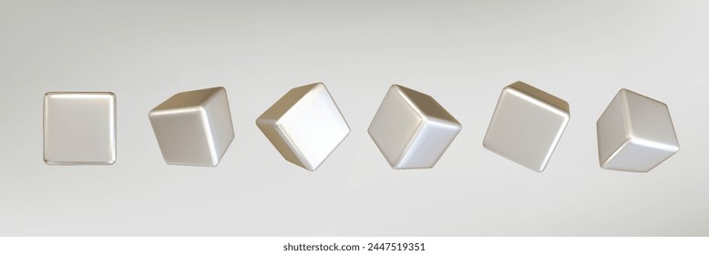 Conjunto de cubos realistas de metal cromado plateado aislado. Representar una caja de acero cromado giratorio con diferentes ángulos en perspectiva con iluminación y sombra. y2k Vector creativo.