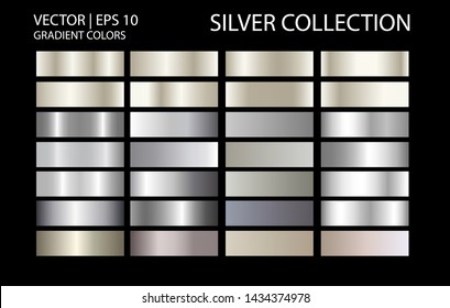 Silver chrome metal texture vector icon set. Shiny silver brushed vector metallic gradient background for banner, ribbon, label, medal, button, money. Silver abstract background chrome gradient