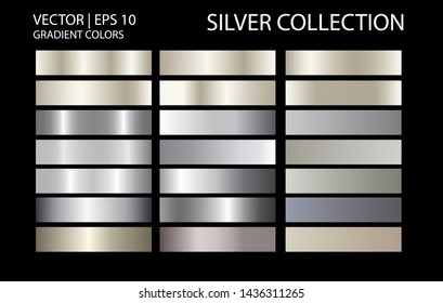 Silver chrome metal texture vector icon set. Shiny silver brushed vector metallic gradient background for banner, ribbon, label, medal, button, money. Silver abstract background chrome gradient