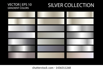 Silver chrome metal texture vector icon set. Shiny silver brushed vector metallic gradient background for banner, ribbon, label, medal, button, money. Silver abstract background chrome gradient