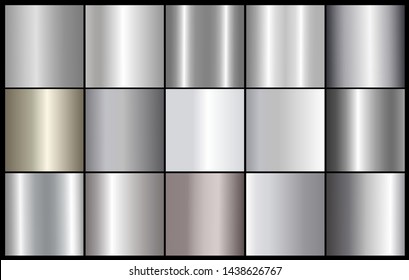 Silver chrome metal texture vector icon set. Shiny silver brushed vector metallic gradient background for banner, ribbon, label, medal, button, money. Silver abstract background chrome gradient
