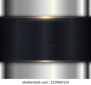 Silver chrome metallic background with brushed metal black banner, 3D lustrous plate texture vector illustration.