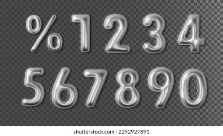 Silver chrome numbers percentage notation with set 3d realistic on dark. Metal number with shadow and glow isolated. Design element for sale banner