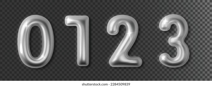 Silver chrome numbers set 3d realistic. Metal glossy font number 1,2,3,0. Decoration for banner, cover, birthday or anniversary party invitation design