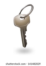 Silver chromed key isolated on the ring, real estate concept. Vector illustration.