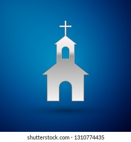 Silver Church building icon isolated on blue background. Christian Church. Religion of church. Vector Illustration