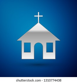 Silver Church building icon isolated on blue background. Christian Church. Religion of church. Vector Illustration