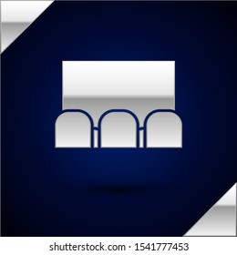 Silver Cinema auditorium with screen and seats icon isolated on dark blue background.  Vector Illustration