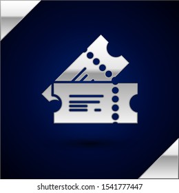 Silver Cinema ticket icon isolated on dark blue background.  Vector Illustration