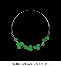 Silver circle border frame with shamrocks on black background Decorative element for creative St. Patrick's Day design tasks Vector illustration
