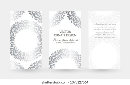 Silver circle decor. Elegant vertical flayers. Vector illustration for event invitation, ceremony card or celebration banner.