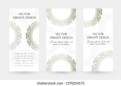 Silver circle decor. Graceful vertical flayers with decoration elements on the white background. Vector illustration for event invitation, ceremony card or celebration banner.