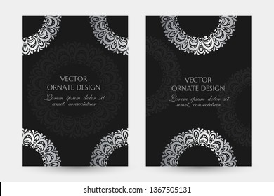 Silver circle decor. Luxury vertical posters with ornaments on the black background. Vector design with decorative elements and copy space for vip invitation, funeral cards and other.