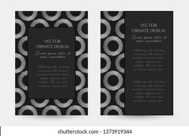 Silver circle decor. Luxury vertical posters with decorative frame and border on the black background. Vector illustration for event invitation, ceremony card or celebration banner.