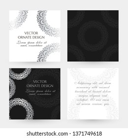 Silver circle decor. Square cards collection. Banners with decoration elements on the black and white background. Vector illustration for event invitation, ceremony card or celebration banner.